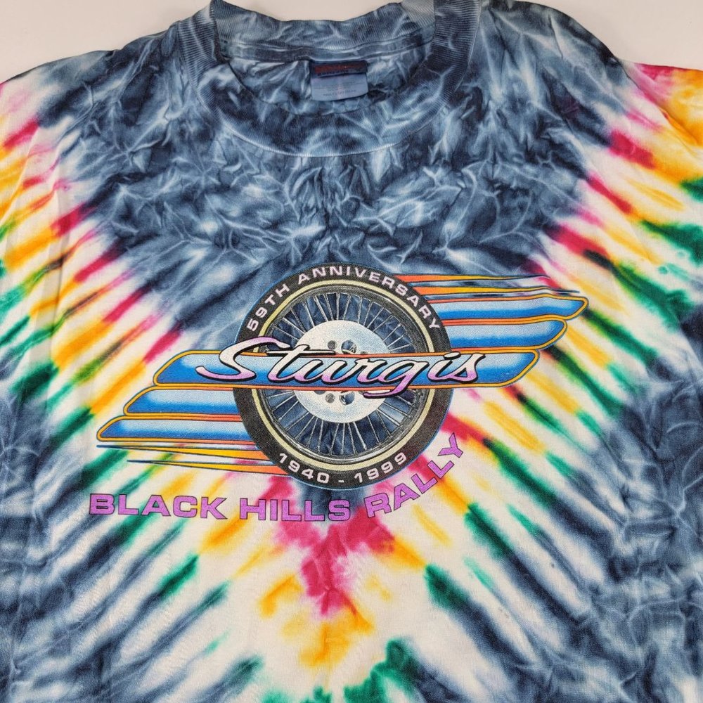 Vintage Black Hills Rally 1999 Sturgis SD 59th Anniversary Blue Tie Dye Shirt L